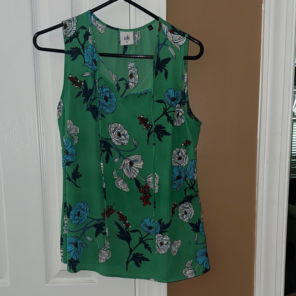 CAbi Green and Blue Floral Blouse